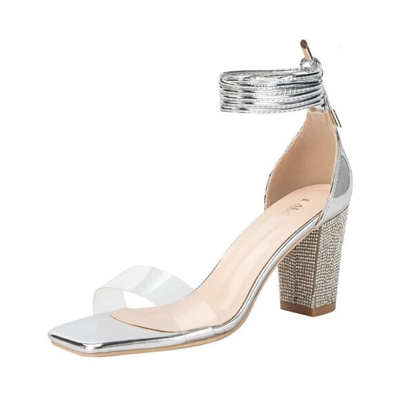 Silver Rhinestone Block Heeled Sandal Clear Strappy Open Square Toe 2.75” Heel - Picture 1 of 13